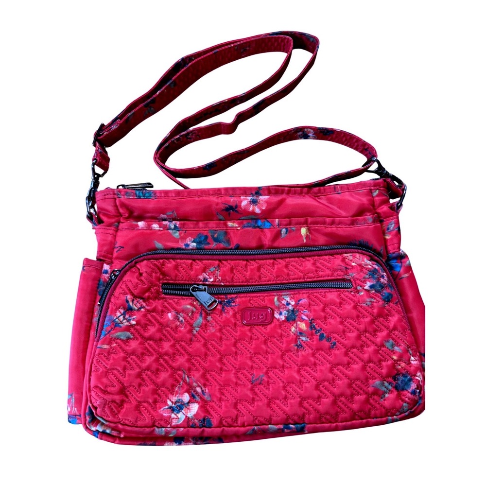 Lug Canter Crossbody Bag Red Floral Quilted Nylon Travel Messenger Purse